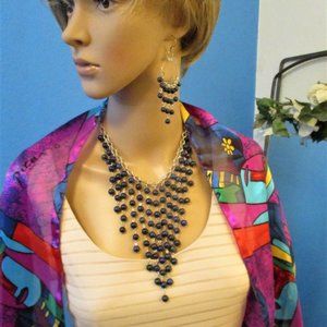 Etruscan Style Midnight Blue Silver Fringe Necklace Earrings Set Vintage